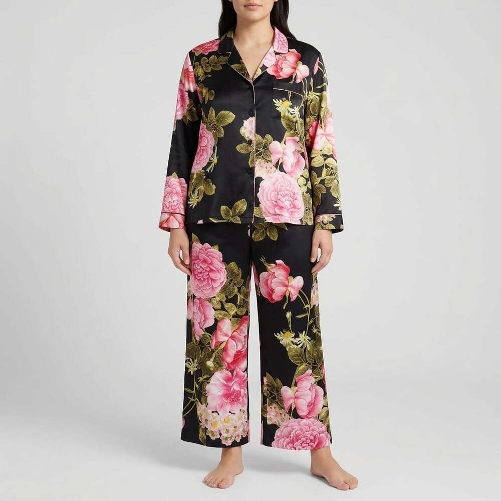 Natori Private Luxuries Pajama Set XL Satin Black Pink Floral Button Front